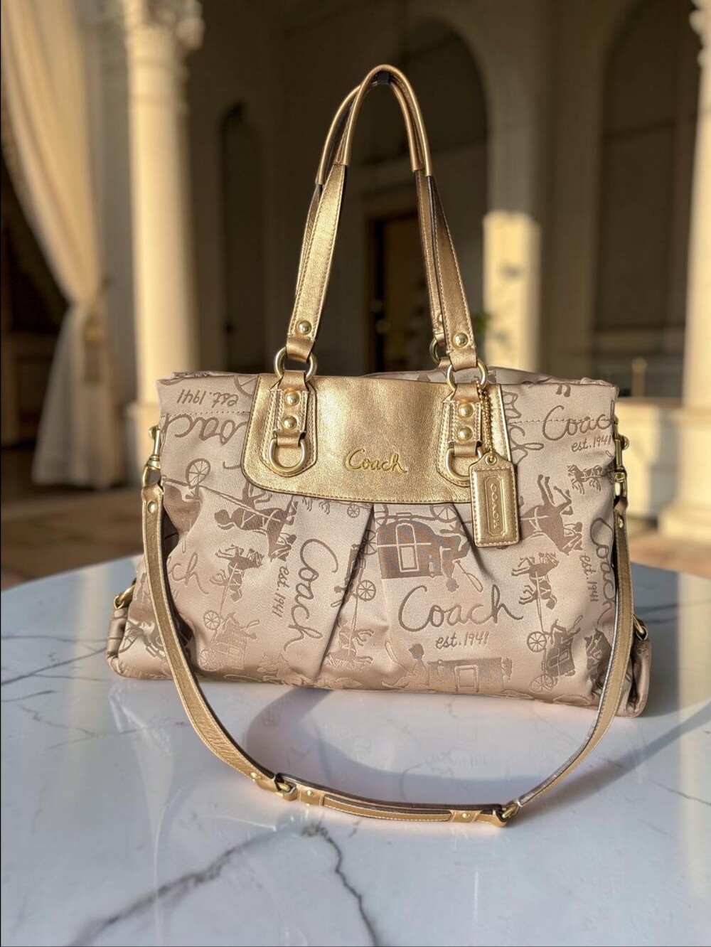 Coach Ashley Signature Jacquard 2-Way Bag with Metallic Gold Leather Trim